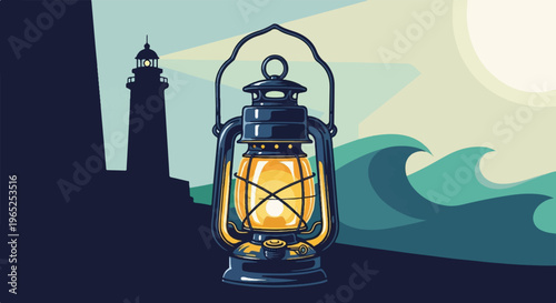 Illuminated lantern stands before a beacon lighthouse, waves crash