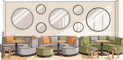 Cozy seating area with modern circular mirrors and plush sofas