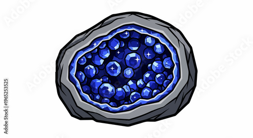 Cut open geode reveals sparkling deep blue crystals within a rocky shell