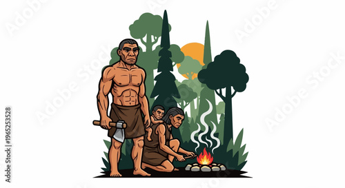 Prehistoric family gathering around a campfire in a forest at sunset