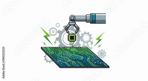 Robotic arm placing a chip onto a circuit board with gears and lightning
