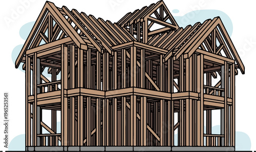 Construction of a multi-story wooden house frame, showing roof trusses and walls