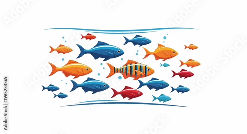 School of fish of various colors swimming in blue water