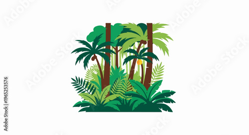 Lush tropical jungle with diverse green foliage, palm trees, and a single orange fruit