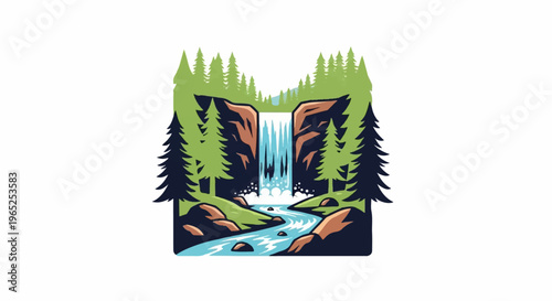 Lush waterfall cascades through rocky cliffs, framed by evergreens
