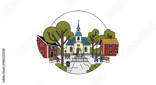 Lively village scene with a church, houses, trees, fountain, and people