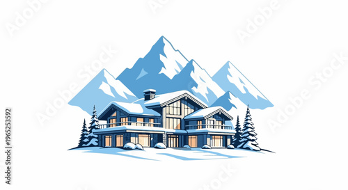 Luxurious modern chalet nestled against snow-capped mountains, winter wonderland