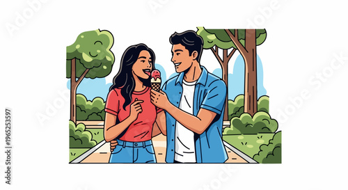 Couple enjoying ice cream in a park on a sunny day