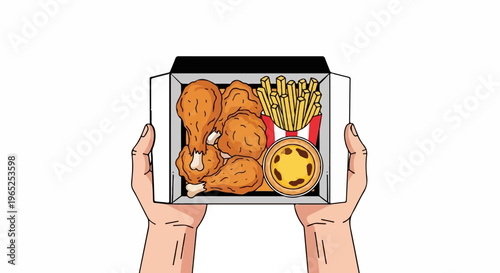 Hands holding an open box of fried chicken, fries, and a tart