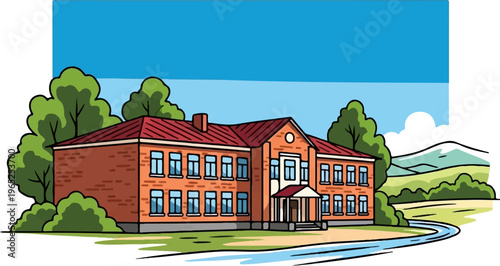 Cartoon-style brick building with red roof, surrounded by green trees and a winding blue river