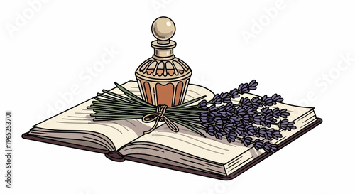 Open book with lavender and perfume bottle, a study of scent