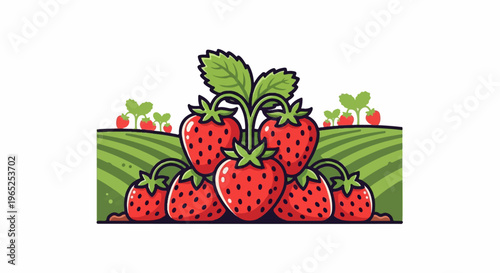 Bunch of ripe strawberries on a green field with small plants in background