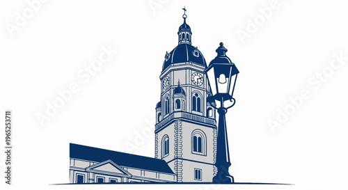 Ornate clock tower and lamppost with classical building facade