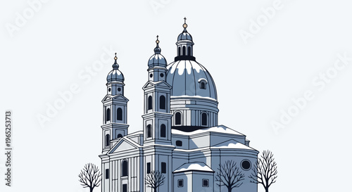Ornate winter church with multiple domes, spires, and bare trees