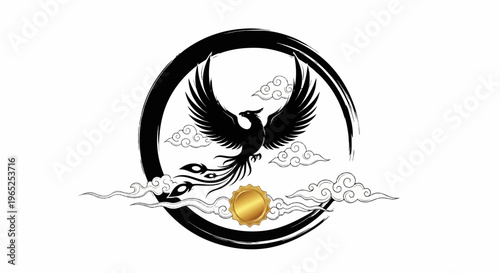 Black phoenix with golden seal among stylized clouds within a brushstroke circle