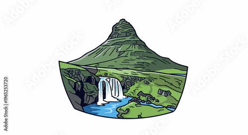 Lush green mountain backdrop to cascading waterfall and river