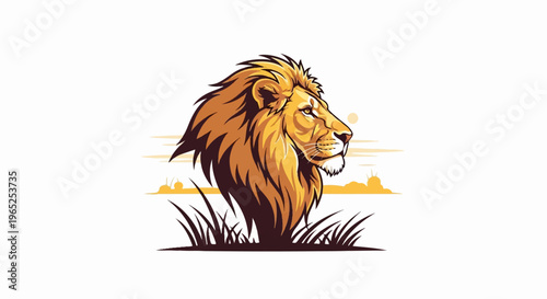 Majestic lion profile in grassy savanna with sun in background