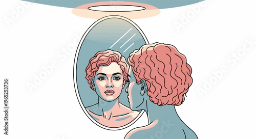 Person looks into mirror, seeing reflected face with pink curly hair