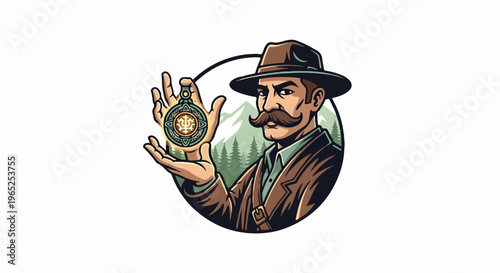 Stylized adventurer with compass, mountains, and trees