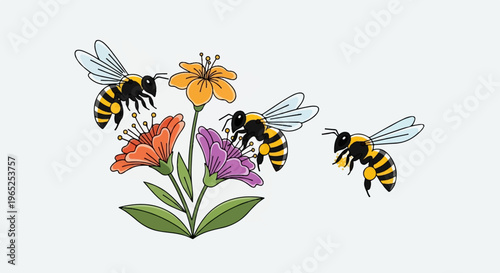 Animated bees collect nectar from vibrant flowers in a simple illustration