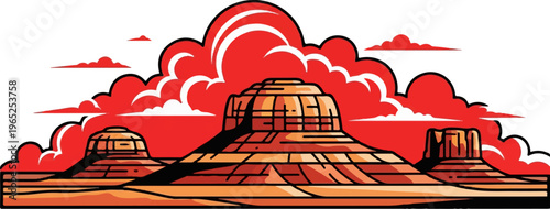 Stylized desert mesas under a dramatic, fiery red sky with clouds