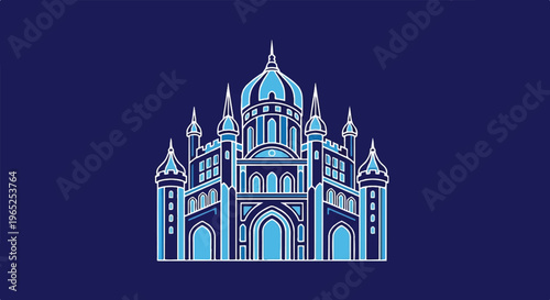 Stylized castle with domes and towers, outlined in white against dark blue