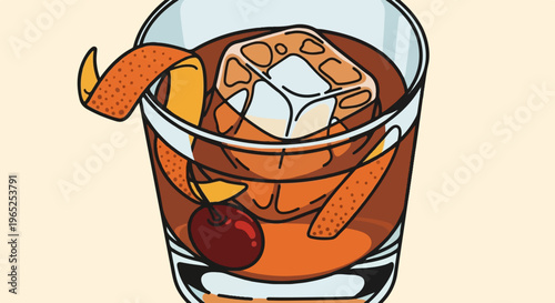 Stylized glass cocktail with ice, cherry, and orange peel garnish
