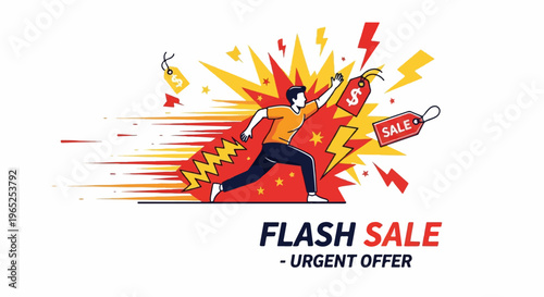 Man running towards sale tags and lightning bolts, representing urgency
