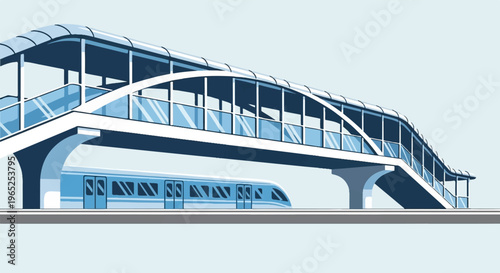 Modern elevated walkway and sleek train station, blue hues