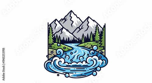 Stylized mountain peaks above a forest, with a river flowing through green hills and white bubbles