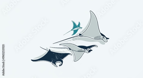 Stylized manta rays in light blue, gray, and dark blue glide through water