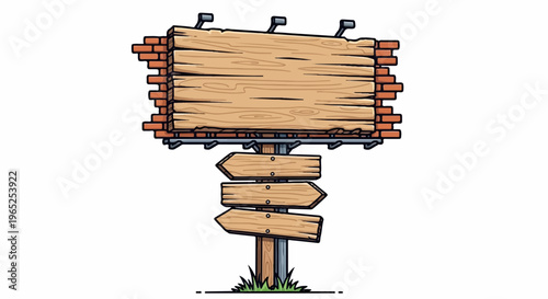 Rustic wooden billboard with directional signs and brick accents