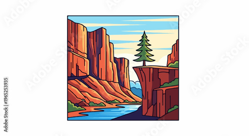 Scenic canyon with river, cliffs, and a lone pine tree under a bright sky