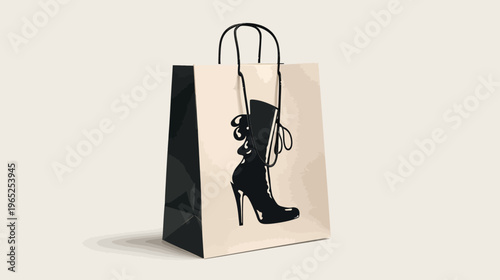 A shopping bag features a high-heeled boot illustration, with black straps and a shadow