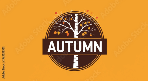 Stylized tree with falling leaves and the word Autumn below it