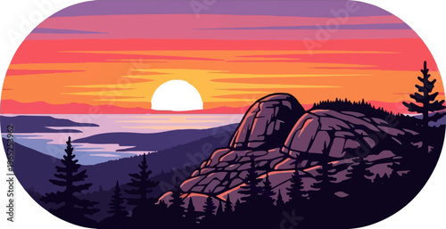 Pixelated mountain landscape at sunset over calm water with distant hills