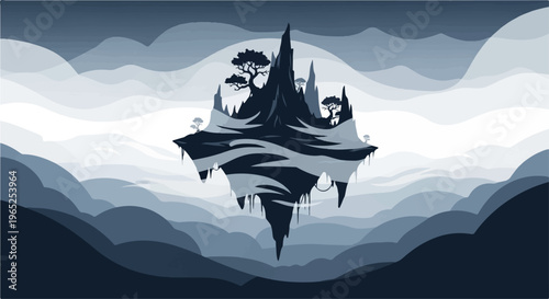 Pixelated floating island with trees amidst misty, layered blue mountains