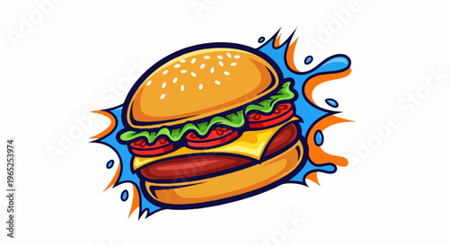 A vibrant cartoon illustration of a stacked hamburger with lettuce, tomato, and cheese