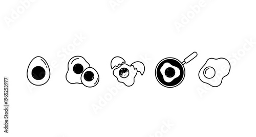 A set of eggs in various stages of cooking in a pan