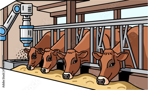 Robotic feeder dispensing food to cattle in a modern barn