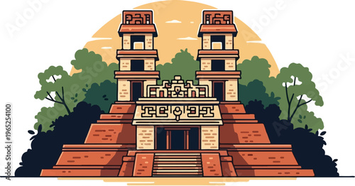 Stylized ancient stone pyramids and lush green trees under a warm sun