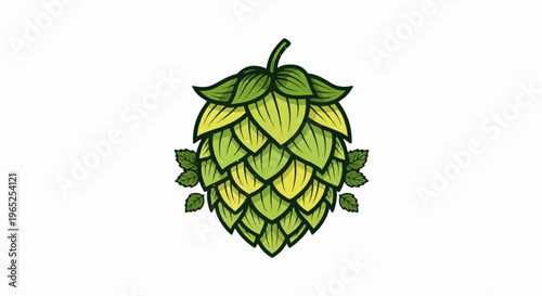Stylized green hop cone with leaves on a white background