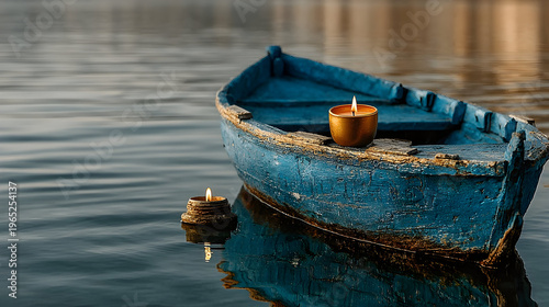 Floating Candle on Teal Boat at Dusk