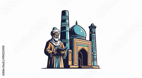 Stylized illustration of a bearded scholar holding a book before a mosque