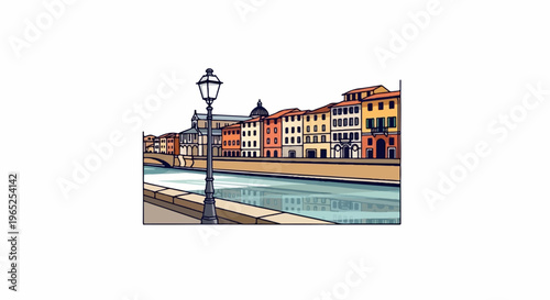 A picturesque canal scene with colorful buildings and a lamp post