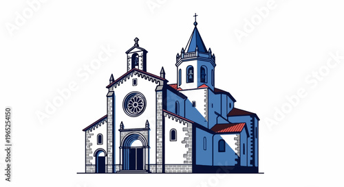 Stylized illustration of a large white stone church with blue accents