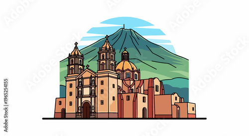 Stylized illustration of a large religious building with domes and towers