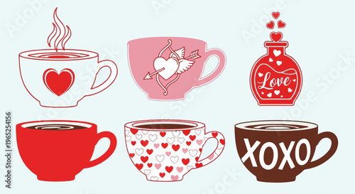 Valentine's themed coffee cups and potion bottle filled with hearts