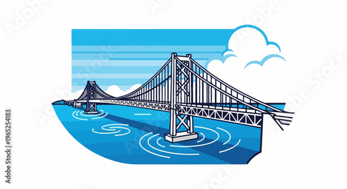 Stylized illustration of a suspension bridge spanning across blue water under a cloudy sky
