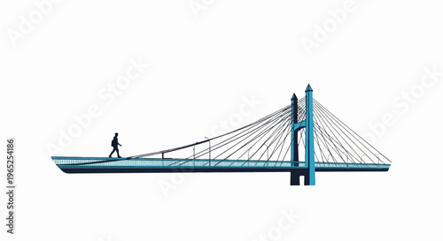 A lone walker crosses a modern cable-stayed bridge with blue accents